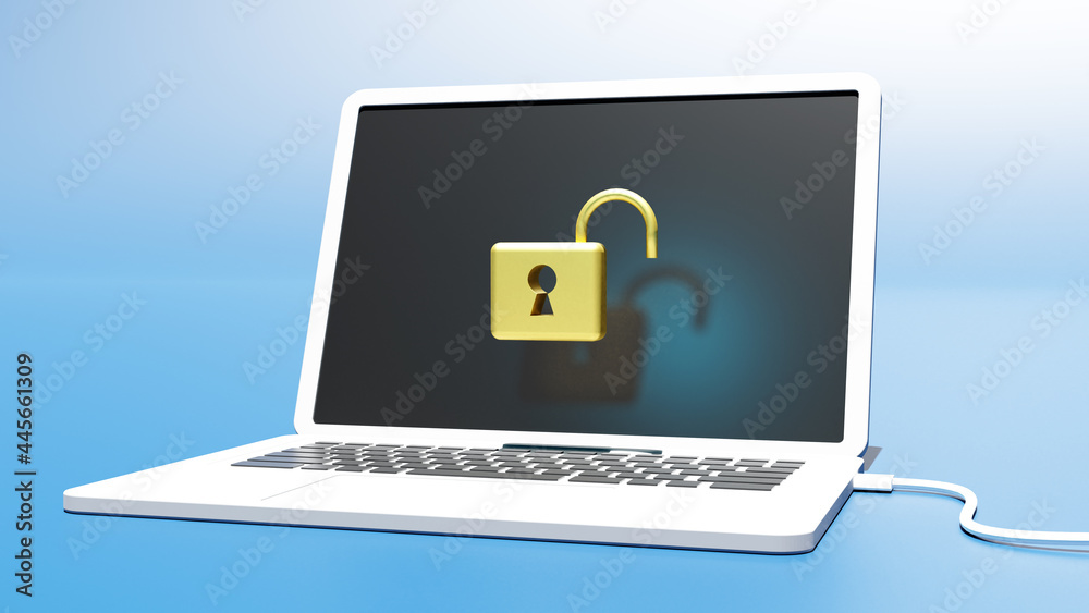 セキュリティのイメージ画像　パソコンと南京錠の画像素材　コンピューターシステムのロック　サイバーセキュリティ　3Dレンダリング