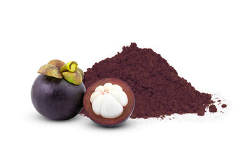 Wall Mural - Mangosteen peel powder and fresh mangosteen fruit isolated on white