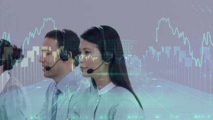 Poster - Animation of financial data processing over business people wearing headsets
