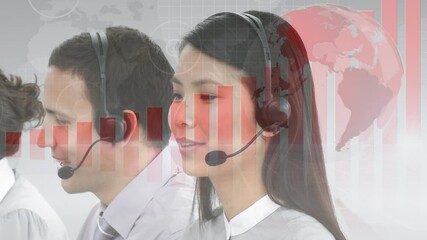 Poster - Animation of financial data processing over business people wearing headsets