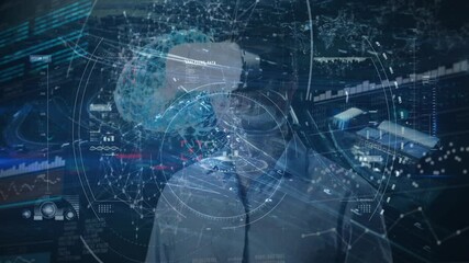 Poster - Animation of financial data processing over businessman wearing vr headsets