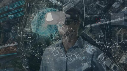 Poster - Animation of financial data processing over businessman wearing vr headsets