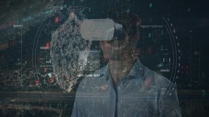 Poster - Animation of financial data processing over businessman wearing vr headsets