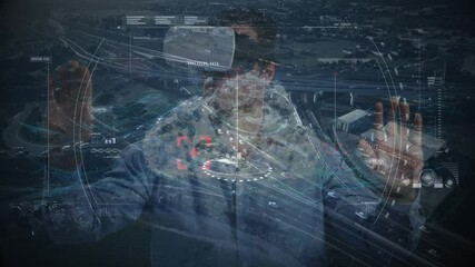 Poster - Animation of financial data processing over businessman wearing vr headsets