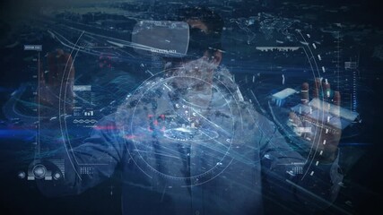 Poster - Animation of financial data processing over man wearing vr headsets