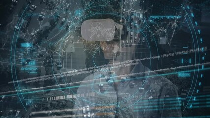 Poster - Animation of financial data processing over businessman wearing vr headsets