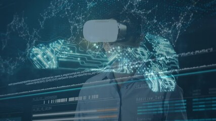 Poster - Animation of financial data processing over businessman wearing vr headsets