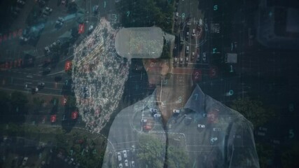 Poster - Animation of financial data processing over businessman wearing vr headsets