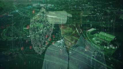 Poster - Animation of financial data processing over businessman wearing vr headsets