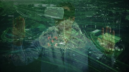 Poster - Animation of financial data processing over businessman wearing vr headsets