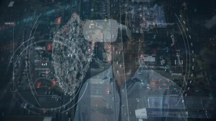 Poster - Animation of financial data processing over businessman wearing vr headsets