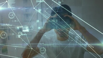 Poster - Animation of network of connections and statistics over businessman wearing vr headsets