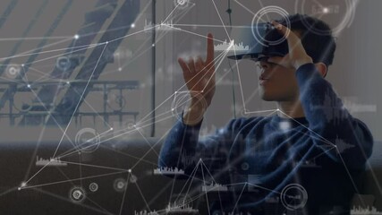 Poster - Animation of network of connections and statistics over businessman wearing vr headsets