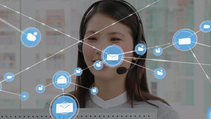 Poster - Animation of network of connections and icons over businesswoman wearing headset