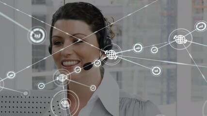 Canvas Print - Animation of network of connections and icons over businesswoman wearing headset