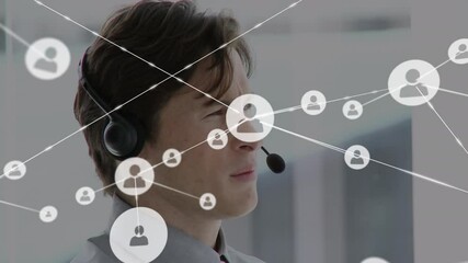 Sticker - Animation of network of connections and icons over businessman wearing headset