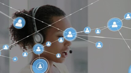Poster - Animation of network of connections and icons over businesswoman wearing headset
