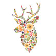 A silhouette of a deer with antlers from watercolor elements of acorns,sunflower,rose hips,blackberries,blueberries,chestnuts,spruce branches,oak leaves,green leaves and cones is perfect for a logo