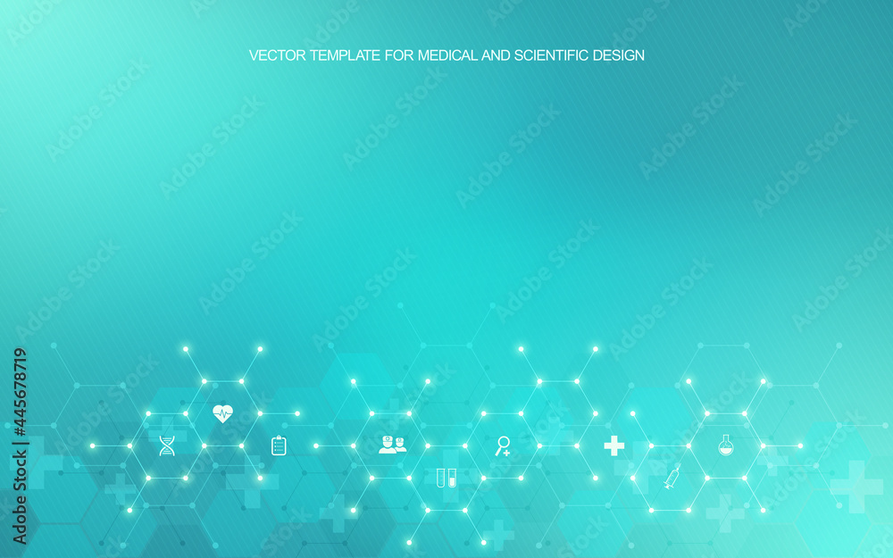 Medical background and healthcare technology with flat icons and symbols. Concept and idea for health care business, innovation medicine, health safety, science, medical research, and development. - obrazy, fototapety, plakaty 
