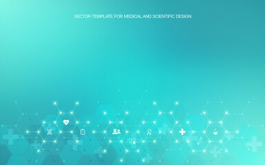 Aufkleber - Medical background and healthcare technology with flat icons and symbols. Concept and idea for health care business, innovation medicine, health safety, science, medical research, and development.