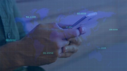 Poster - Multiple numbers floating over world map against mid section of man using smartphone
