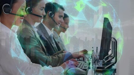 Poster - Globe of plexus network spinning against team of customer care executives working at office