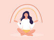 Smiling girl are sitting under a rainbow. Body positive and health care concept. Freedom lifestyle concept. Creating good vibes. Flat Vector Illustration.