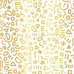 Wall Mural - Gold foil doodle pattern seamless vector repeat. Metallic golden cute simple Memphis style repeating background with hand drawn elements. Elegant line art backdrop for wallpaper, wrapping, packaging.