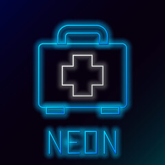 Sticker - Glowing neon line First aid kit icon isolated on black background. Medical box with cross. Medical equipment for emergency. Healthcare concept. Colorful outline concept. Vector