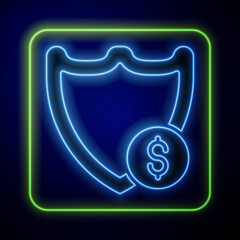 Canvas Print - Glowing neon Shield with dollar symbol icon isolated on blue background. Security shield protection. Money security concept. Vector