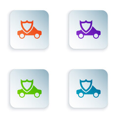 Poster - Color Car with shield icon isolated on white background. Insurance concept. Security, safety, protection, protect concept. Set colorful icons in square buttons. Vector