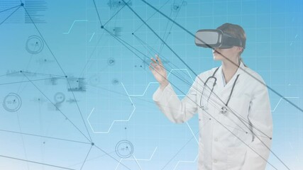 Poster - Animation of network of connections and data processing over female doctor wearing vr headset