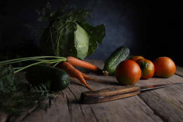 Wall Mural - autumn harvest of garden crops on a vintage wooden table