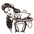 Retro smiling housewife holding plate of roasted chicken in hands. Pin up vector graphic illustration isolated on white