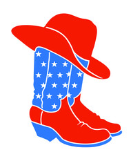 Cowboy Boots And Western Hat. Vector Red Blue Colors Illustration Of Rodeo Cowboy Clothes With American Flag Decor Isolated On White For Design