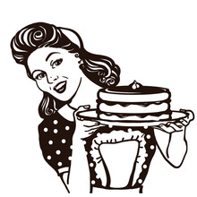 Retro Smiling Housewife Holding Plate Of Sweet Cake In The Kitchen. Pin Up Vector Graphic Illustration Isolated On White
