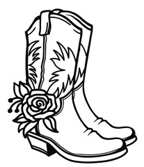 Wall Mural - Cowboy boots with American traditional ornate and flowers decoration. Outline vector illustration isolated on white for print