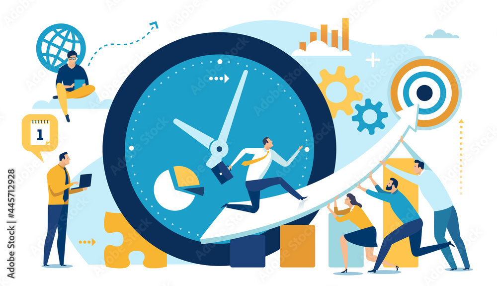 Time management. Under time pressure. Teamwork and clock - a metaphorical representation of time pressure. Business vector illustration - obrazy, fototapety, plakaty 