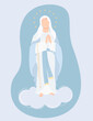 Most Holy Theotokos the Queen of Heaven. Virgin Mary in blue maforia prays meekly with rosary on a cloud. Vector illustration for Christian and Catholic communities, design of religious holidays