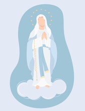 Most Holy Theotokos The Queen Of Heaven. Virgin Mary In Blue Maforia Prays Meekly With Rosary On A Cloud. Vector Illustration For Christian And Catholic Communities, Design Of Religious Holidays