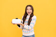 surprised teen girl hold vr glasses using future technology for education, vr school.