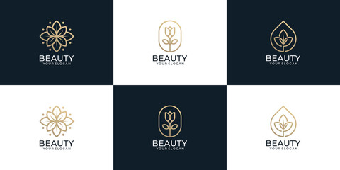 Wall Mural - Set of minimalist monogram beauty flower leaf logo nature spa yoga salon