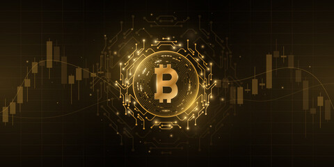 Poster - Bitcoin cryptocurrency with candlestick price pattern background. Digital coin BTC for banner, website or presentation. Futuristic business concept. Blockchain for graphic design. Vector