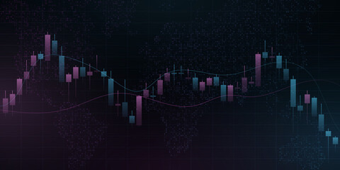 Poster - Candlestick price pattern with world map. Business background for banner, website or presentation. Blockchain concept for graphic design. Vector illustration