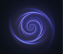  Luminous Blue Spirals On A Transparent Background. Light Neon Moving Curls. Blue Abstract Light Lines Move Quickly In A Circle. Digital Design Element For Advertising, Logo, Games, Frames.