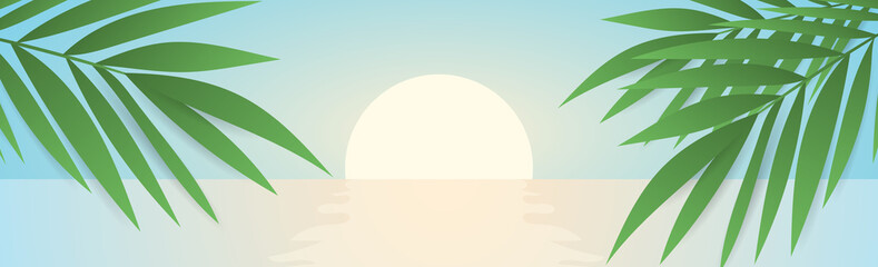 Wall Mural - Summer background with Sun on the sea and there is a leaf of a palm tree, used for event banners and online comments , Illustration Vector EPS 10