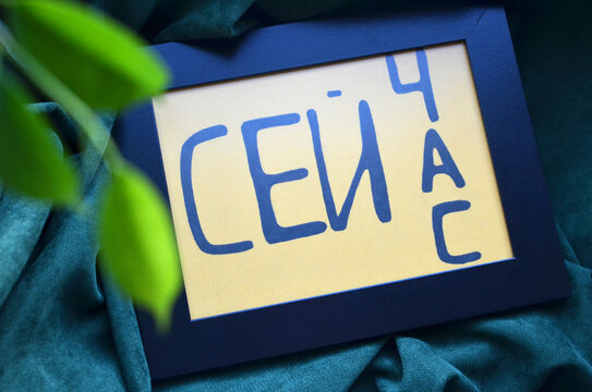 On a green cloth lies a black frame on a yellow background slogan motivating slogan word black text in Russian: Now. Side view of a green plant