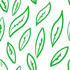 Poster - A repeating pattern of painted leaves on a white background. Graphic image.