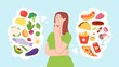 Woman on food diet. Healthy and unhealthy products balance. Character choose between fastfood and vegetable. Health lifestyle vector concept