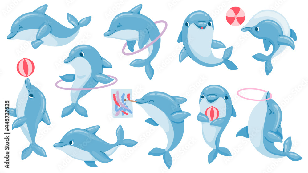 Dolphins with balls. Cute cartoon blue dolphin character play, jump through hoop and draw. Marine animal dolphinarium performance vector set - obrazy, fototapety, plakaty 